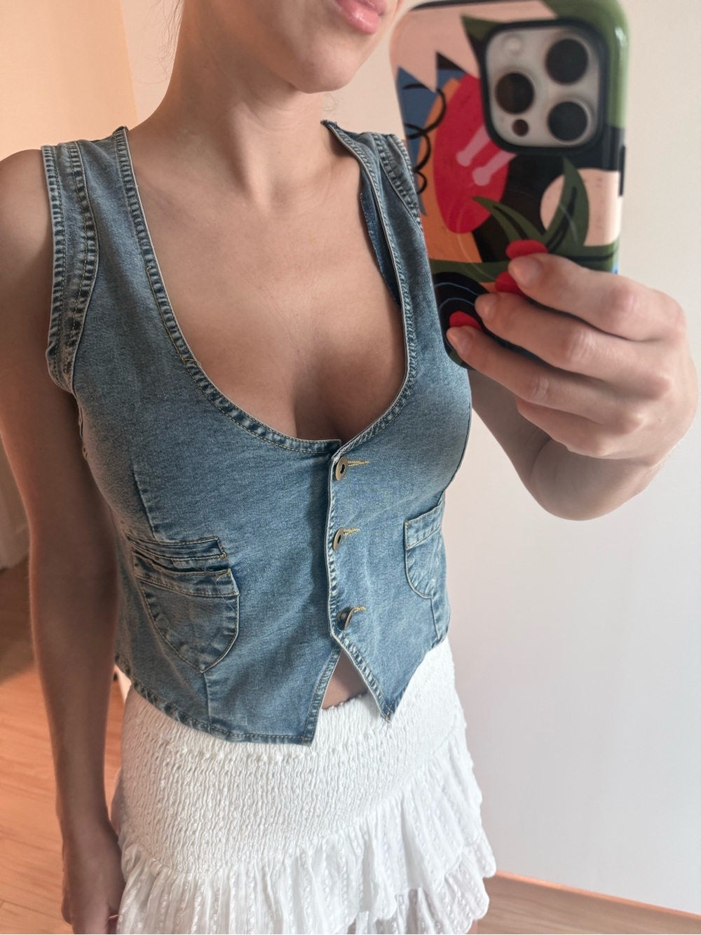 Denim Button-Front Vest Top in Light Blue